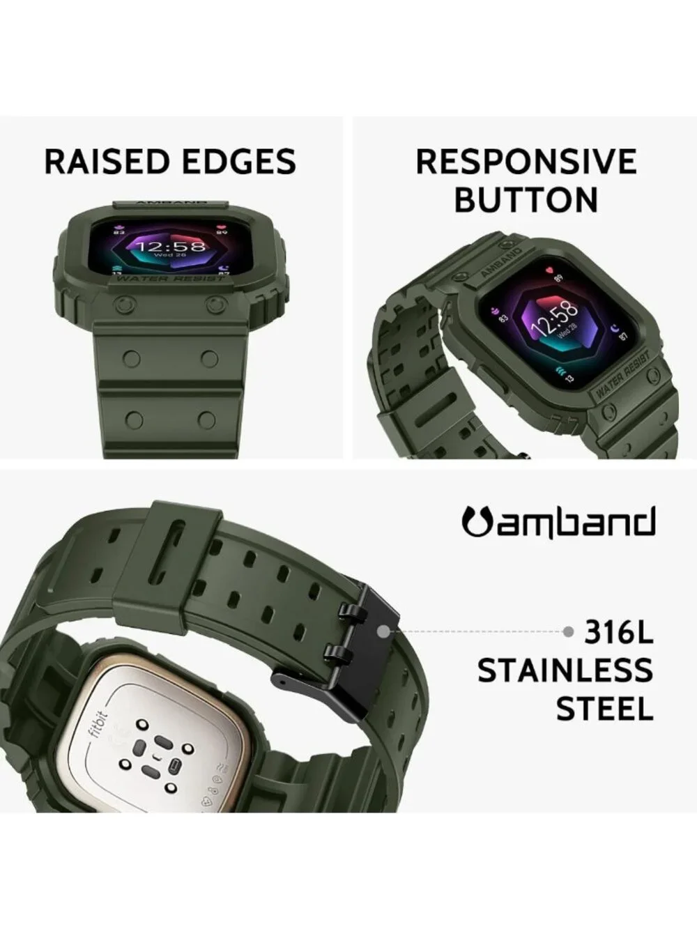 Rugged Sport Smartwatch Bands & Case for Fitbit Versa 4/3/2, Sense 2, Lite